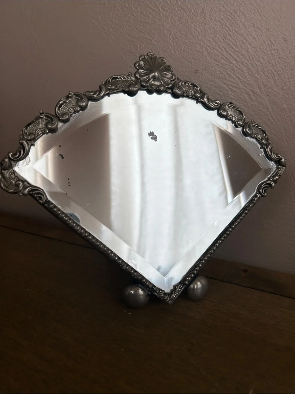 Vintage French Art Deco Vanity Table Mirror. Decorative Fan Shape Design.